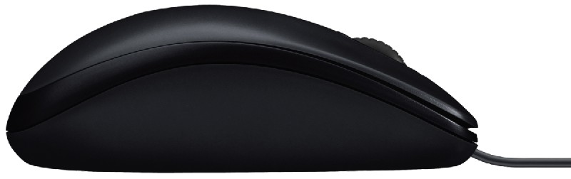 Ratón de ordenador negro con rueda de desplazamiento y cable. Diseño elegante y ergonómico.