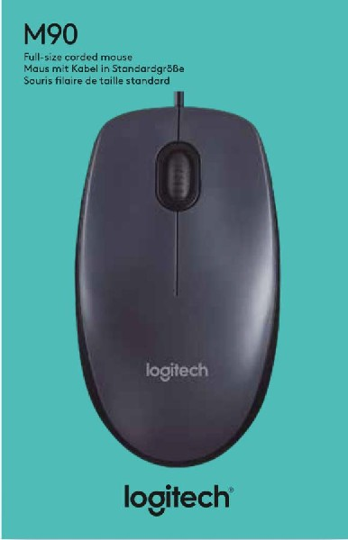 Ratón Logitech M90 negro sobre fondo turquesa. Texto M90 y logotipo visibles.