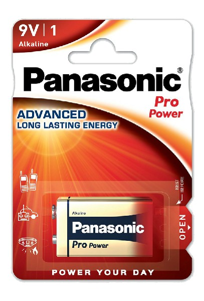 Pila Panasonic Pro Power 9V en blíster con diseño rojo y blanco.