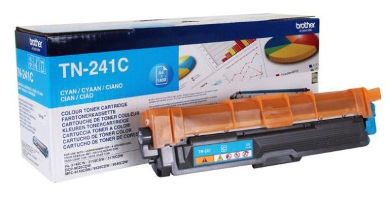 Cartucho de tóner cian en caja. La caja tiene el logotipo de Brother e información del producto.