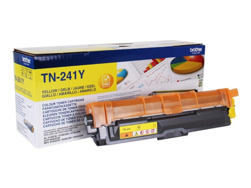 Una caja de cartuchos de tóner amarillo y un cartucho etiquetado 'TN-241Y' con el logotipo de Brother.