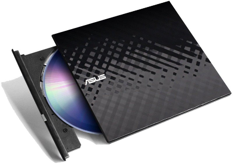 Unidad de CD/DVD ASUS negra, disco parcialmente insertado. La tapa superior tiene líneas diagonales.