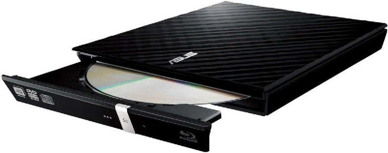 Unidad de DVD ASUS negra. La bandeja del disco está abierta, con un disco dentro.