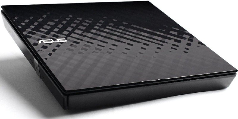 Unidad de DVD externa ASUS negra. La parte superior tiene un diseño estampado. Diseño elegante y moderno.