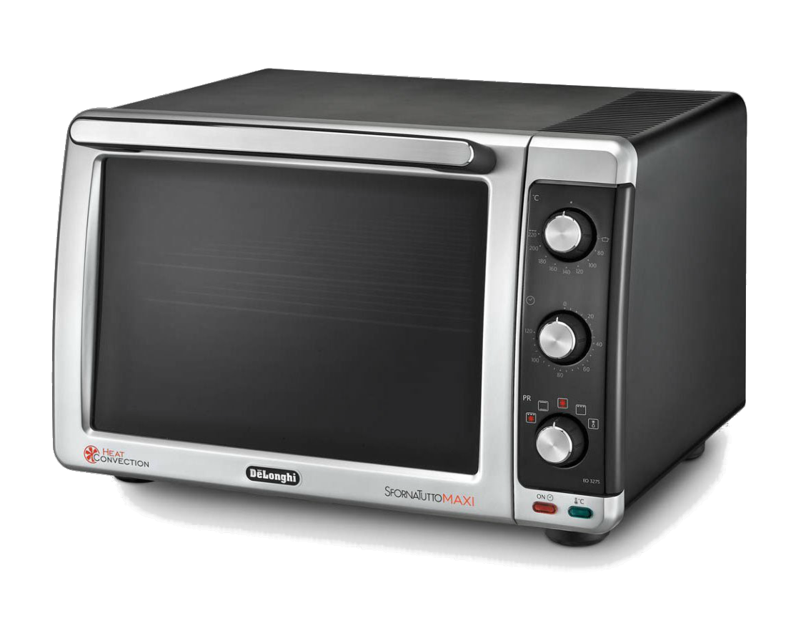Horno DeLonghi Sfornatutto Maxi plateado y negro con perillas de control y puerta de vidrio.
