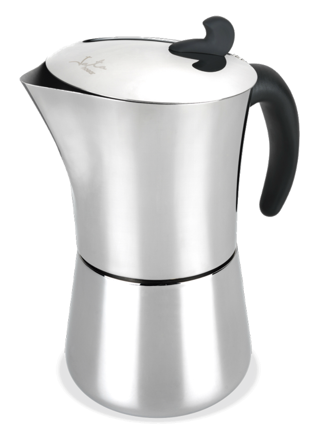 Cafetera de acero inoxidable. Asa y tapa negras. Parte superior blanca. Diseño italiano. Superficie brillante.