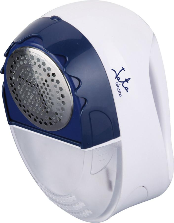 Afeitadora de tela blanca y azul. Tiene un recipiente de plástico transparente y una malla metálica.