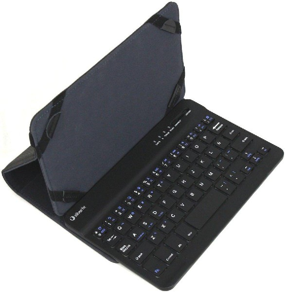 Funda de teclado para tableta negra abierta. El teclado es visible, con una tapa negra.