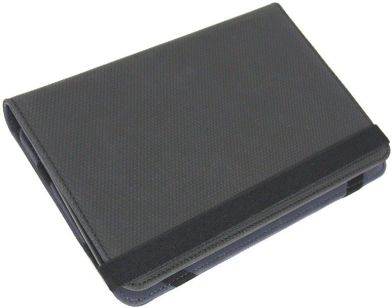 Una funda de tableta gris oscuro cerrada con una banda elástica. La funda está sobre un fondo blanco.