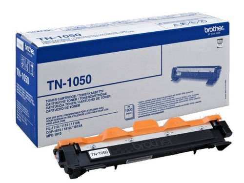 Cartucho de tóner y caja Brother TN-1050. La caja es azul y blanca.