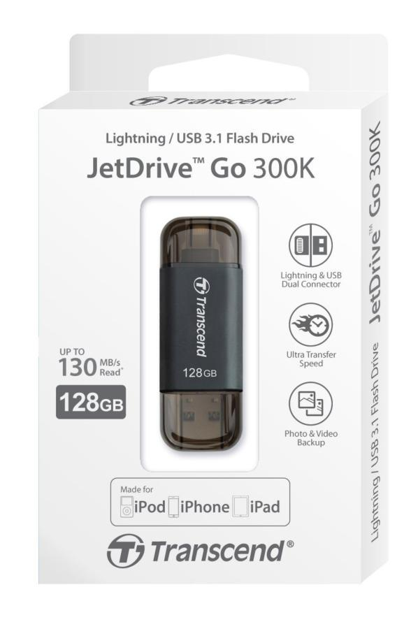 Pendrive de 128 GB - Transcend JetDrive Go 300, USB 3.1, Lightning, Negro