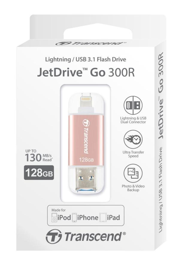 Pendrive de 128 GB - Transcend JetDrive Go 300, USB 3.1, Lightning, Rosa