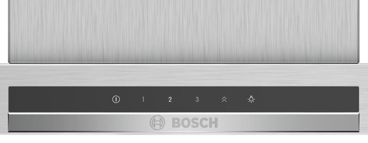 Un panel de control de campana extractora Bosch plateado con botones y el logotipo de Bosch.