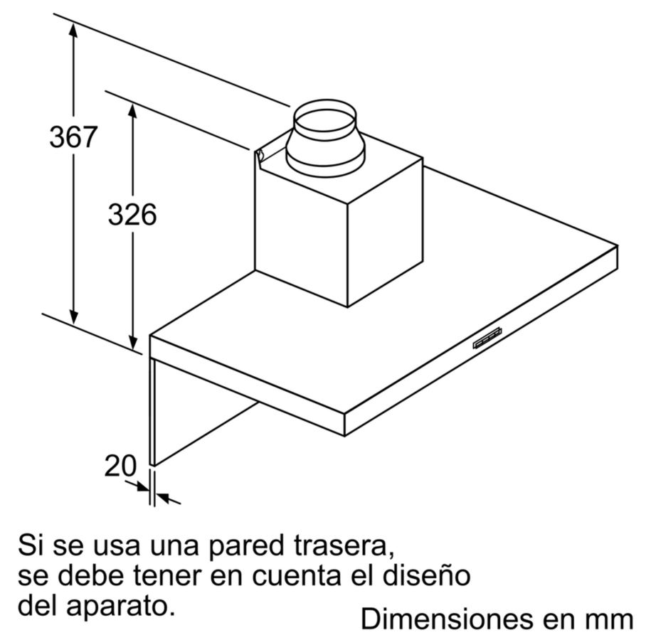 Diagrama de una campana extractora con dimensiones en mm. Blanco y negro.