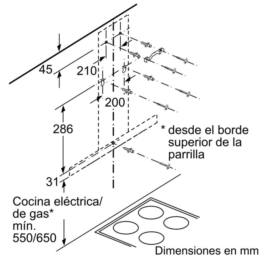 Dibujo técnico de instalación de campana extractora con dimensiones en mm.