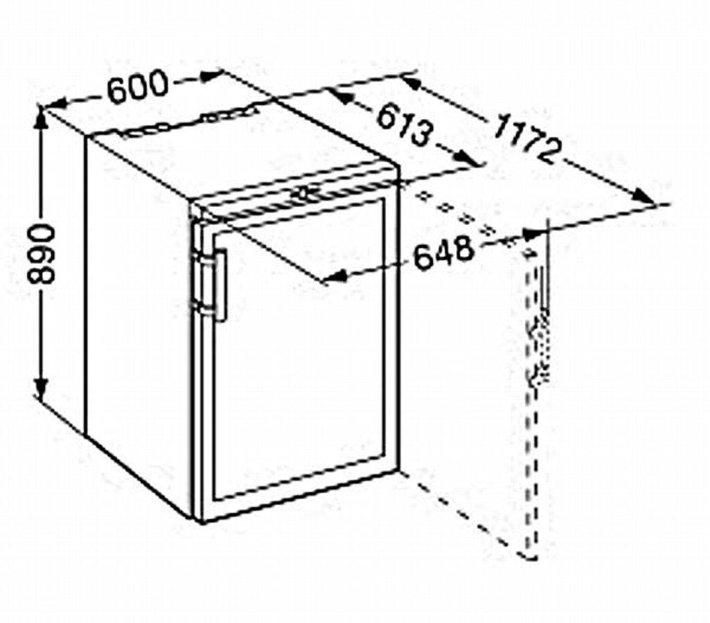 Dibujo técnico de un refrigerador con dimensiones. Muestra el exterior del frigorífico y las dimensiones en vista lateral.
