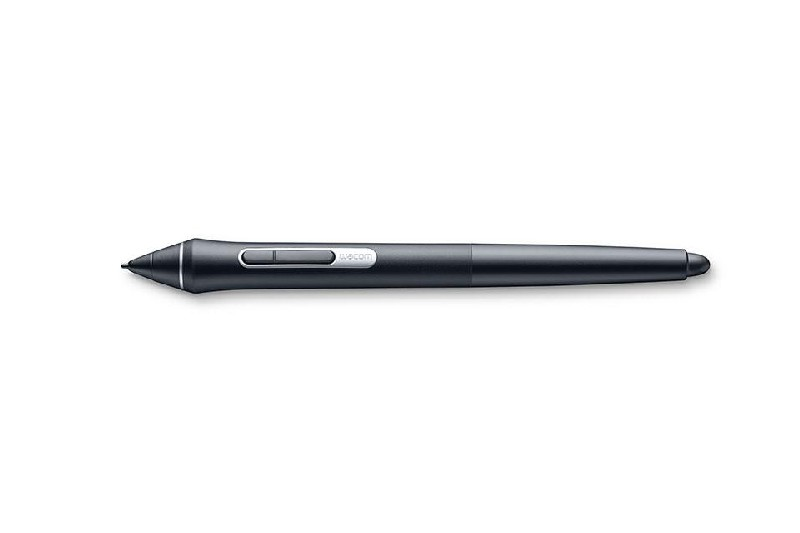 Bolígrafo Wacom negro sobre fondo blanco. Presenta un botón y el logotipo de Wacom.