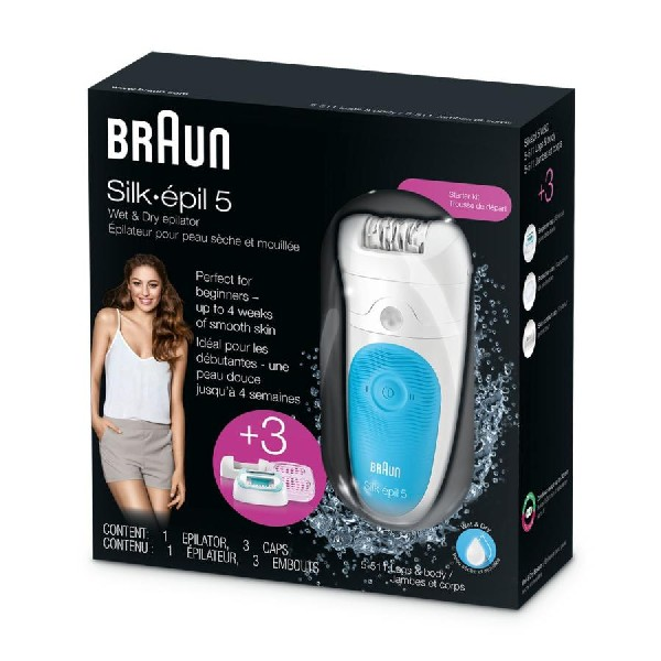 Caja Braun Silk-épil 5 con depiladora, colores azul y blanco.