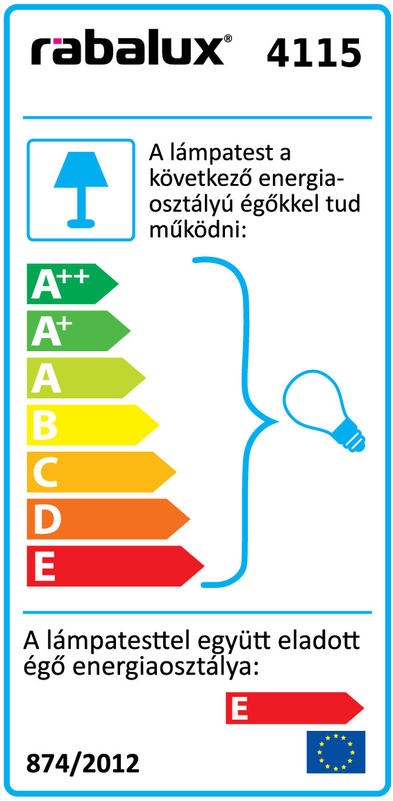 Lámpa energia címkéje, hatékonysági besorolásokkal A++-tól E-ig.