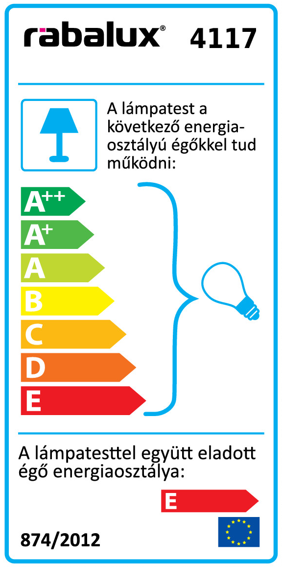 Energia cimke, A++-tól E-ig terjedő osztályokkal. Lámpa ikon, E osztály kiemelve. Rabalux márka, 4117 modell.