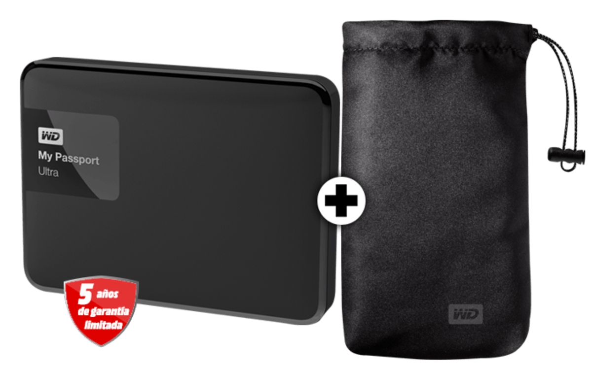 Disco duro externo 2 TB - Western Digital Passport Ultra, Negro + Funda