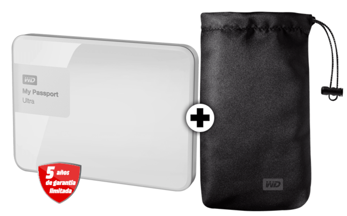Disco duro externo 2 TB - Western Digital Passport Ultra, Blanco + Funda
