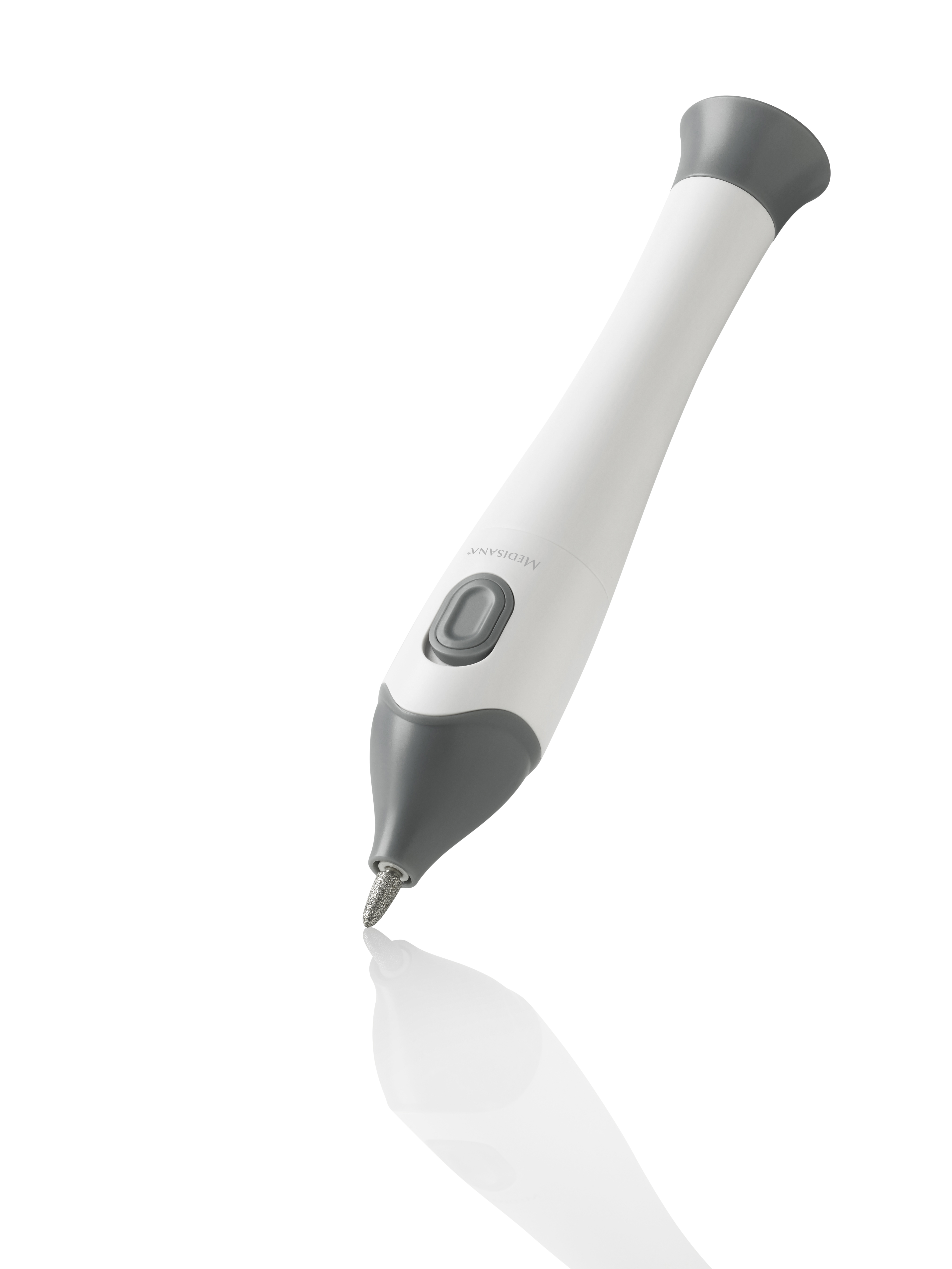 Weiß-graue elektrische Nagelfeile von Medisana, abgewinkelt, mit weißem Hintergrund.