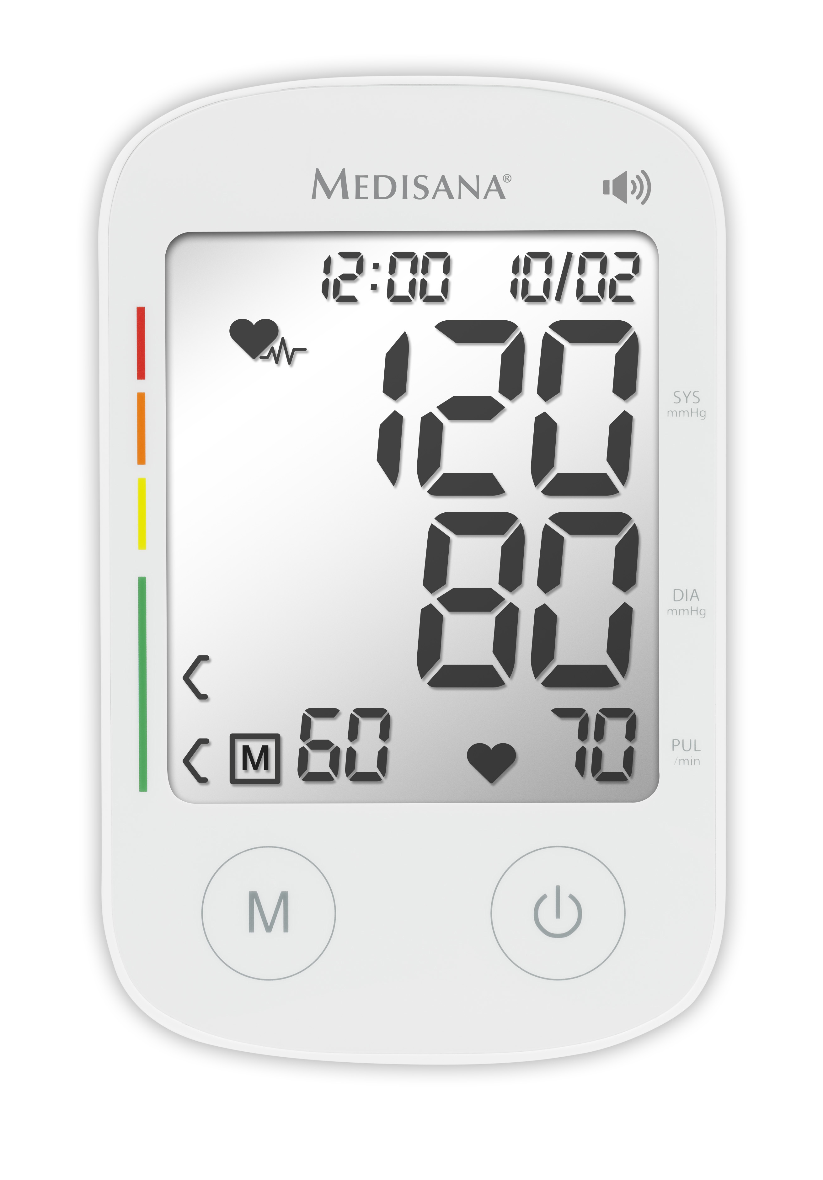 Weißes Medisana Blutdruckmessgerät mit Werten: 120/80, 60 bpm, 70 Puls, 10/02.