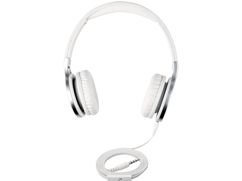 Auriculares blancos con detalles plateados y cable blanco. El cable tiene un conector al final.