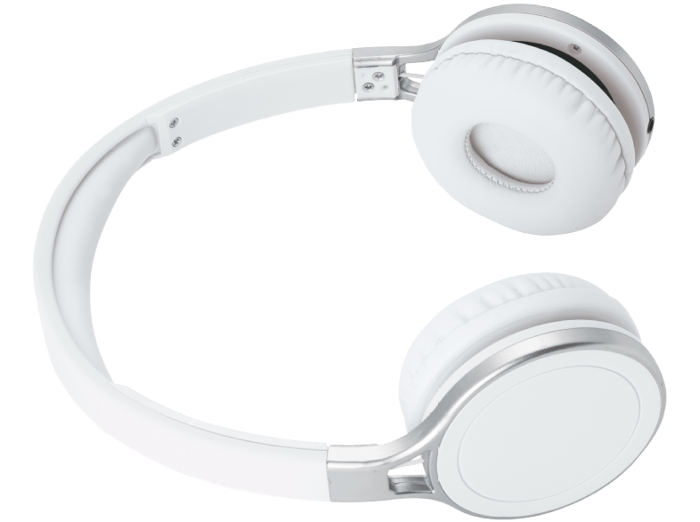 Auriculares blancos sobre la oreja con detalles plateados sobre un fondo negro, vista superior.