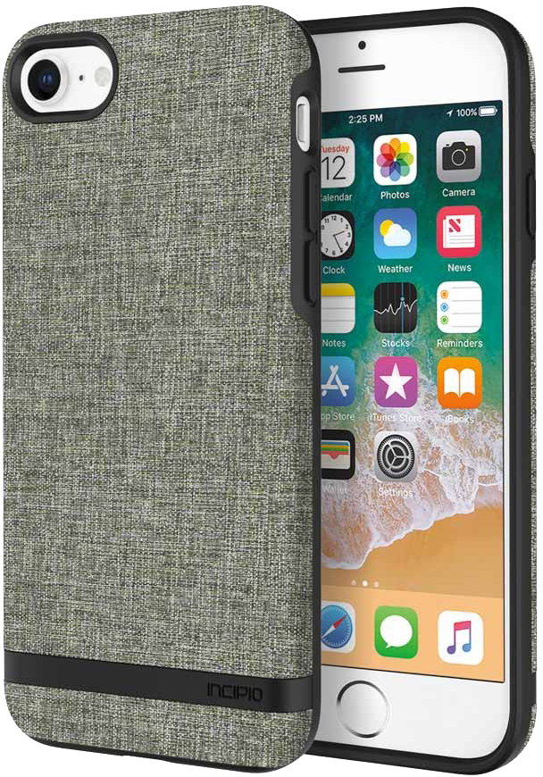 iPhone in een hoesje, de hoes is grijs met een zwarte streep en een zwart frame.
