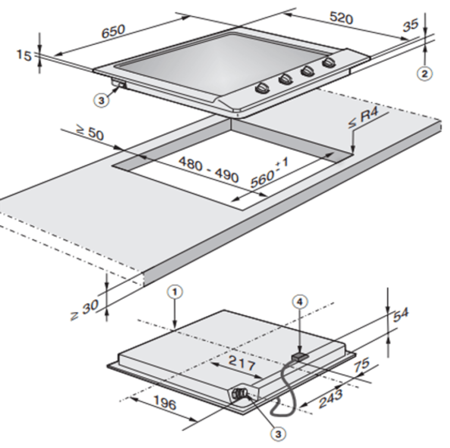 Un dibujo técnico de una encimera y sus dimensiones de instalación, mostrando vistas superior e inferior.
