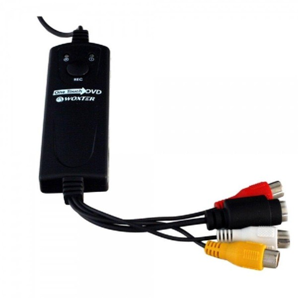 Dispositivo Woxter One Touch DVD negro con conectores RCA de colores.