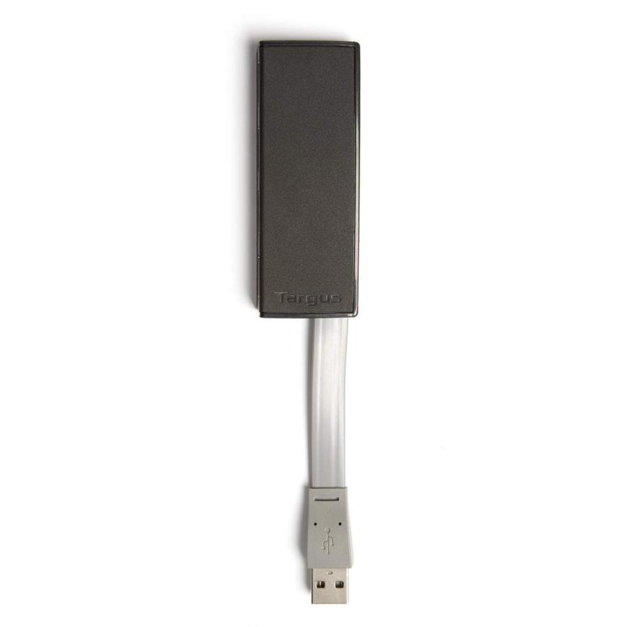Un dispositivo Targus negro con un conector USB. Tiene un cuerpo rectangular y un cable.