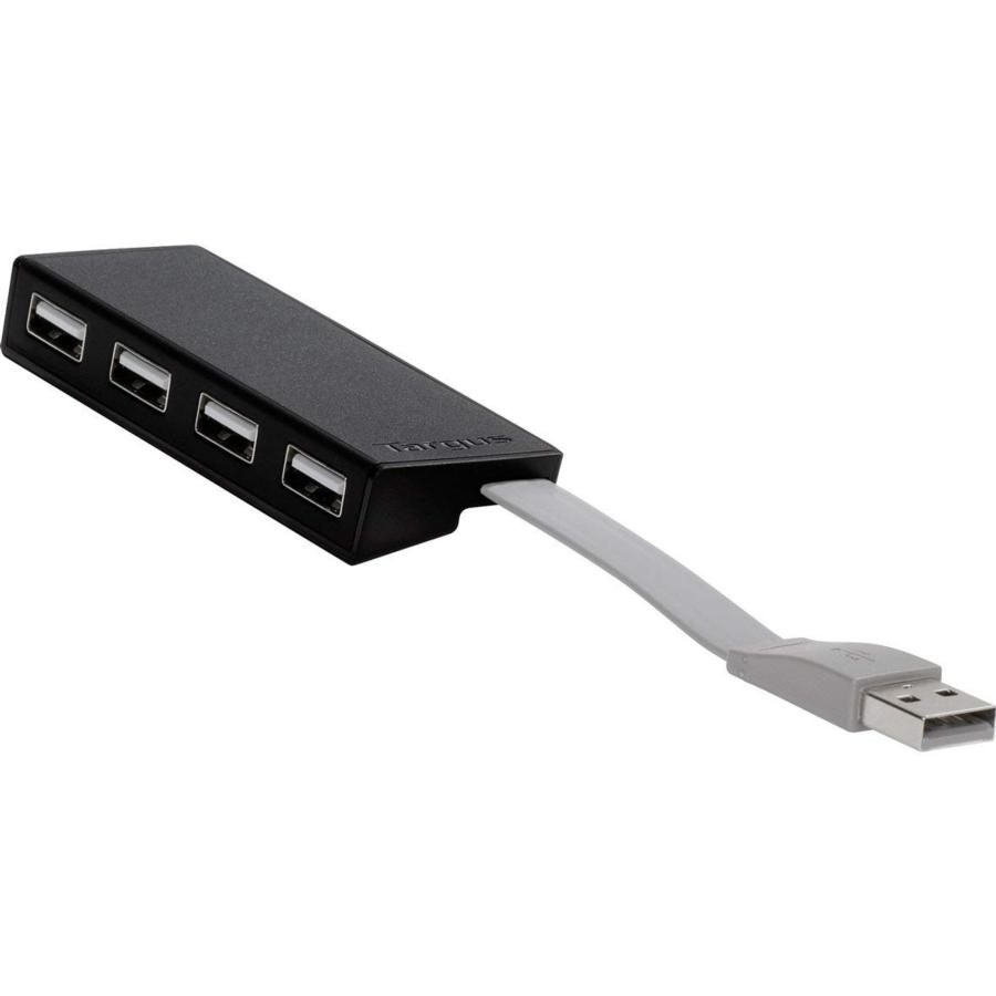 Un concentrador USB negro con cuatro puertos y un cable gris con conector USB.