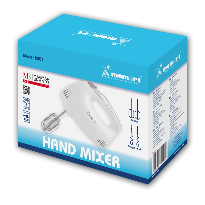 Fehér kézi mixer kék dobozban szöveggel és képekkel. Ez a 2201-es modell.