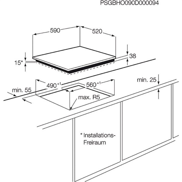 Dibujo técnico de una placa de cocina. Muestra dimensiones y detalles de instalación en una cocina.