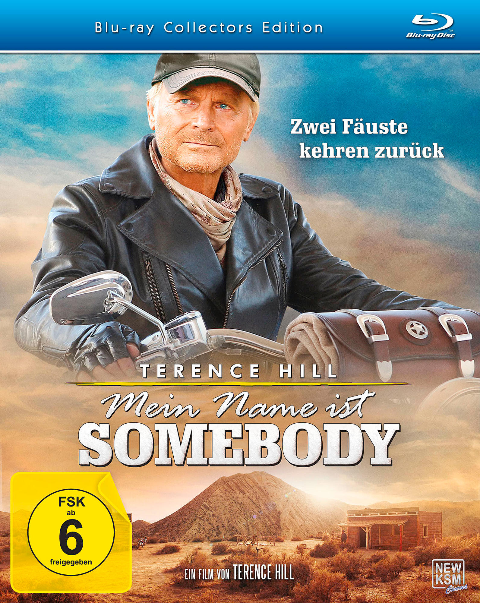 Terence Hill DVD-Cover auf Motorrad in Wüstenkulisse. Titel: Mein Name ist Somebody.