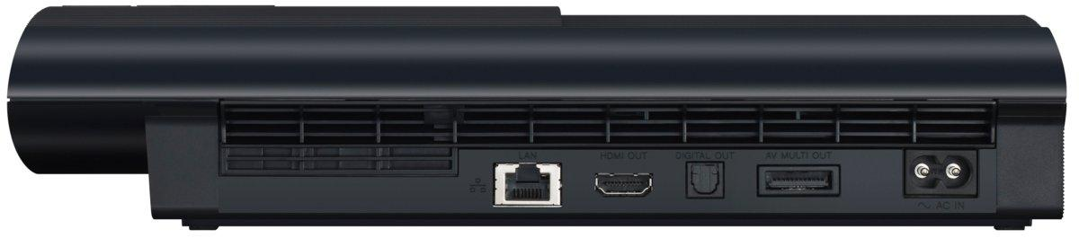 Parte trasera de una consola PlayStation 3 negra.