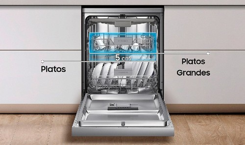 Interior de lavavajillas con platos, etiquetado como 'Platos Grandes' y 'Platos' con dimensiones.