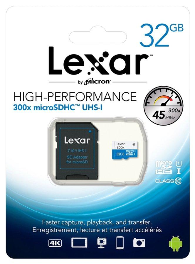 Tarjeta Micro SD - Lexar 32 GB, Clase 10 300x 45 MB/s, con Adaptador