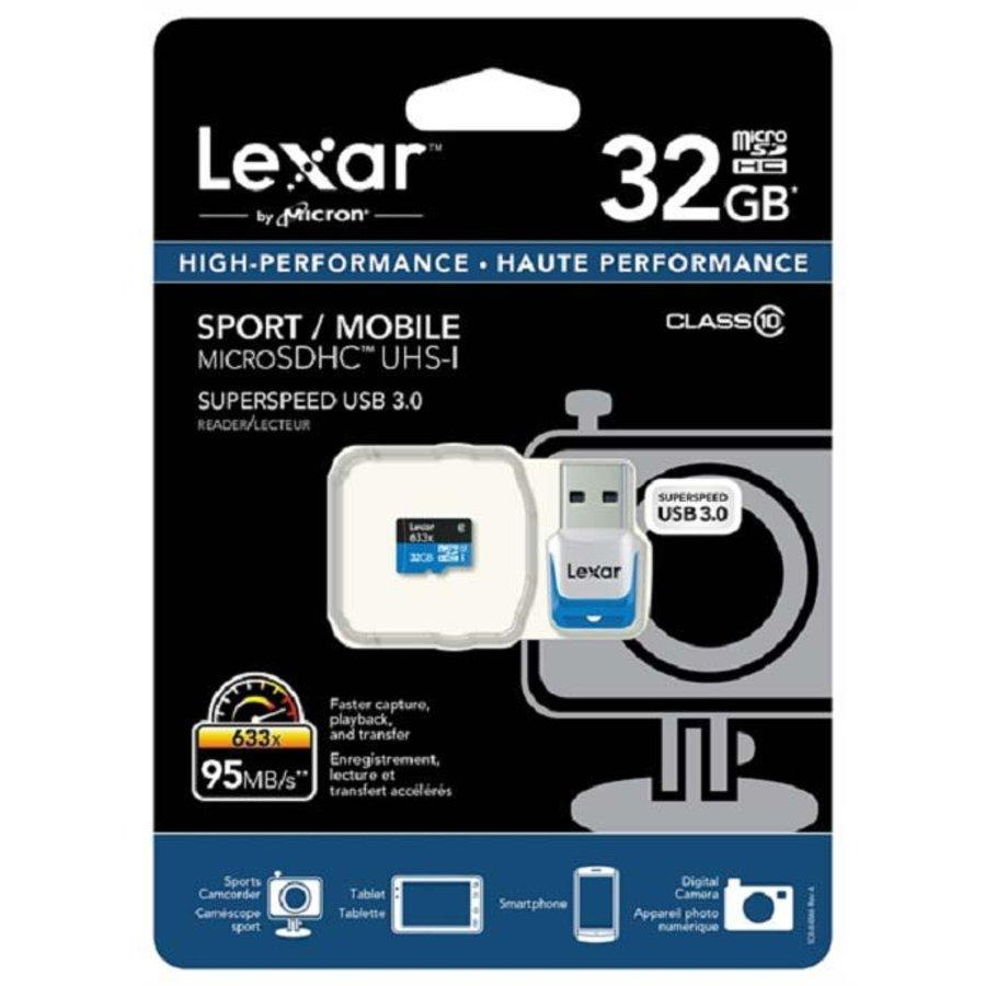 Tarjeta Micro SD - Lexar 32 GB, Clase 10 633x, 95 MB/s con lector USB 3.0