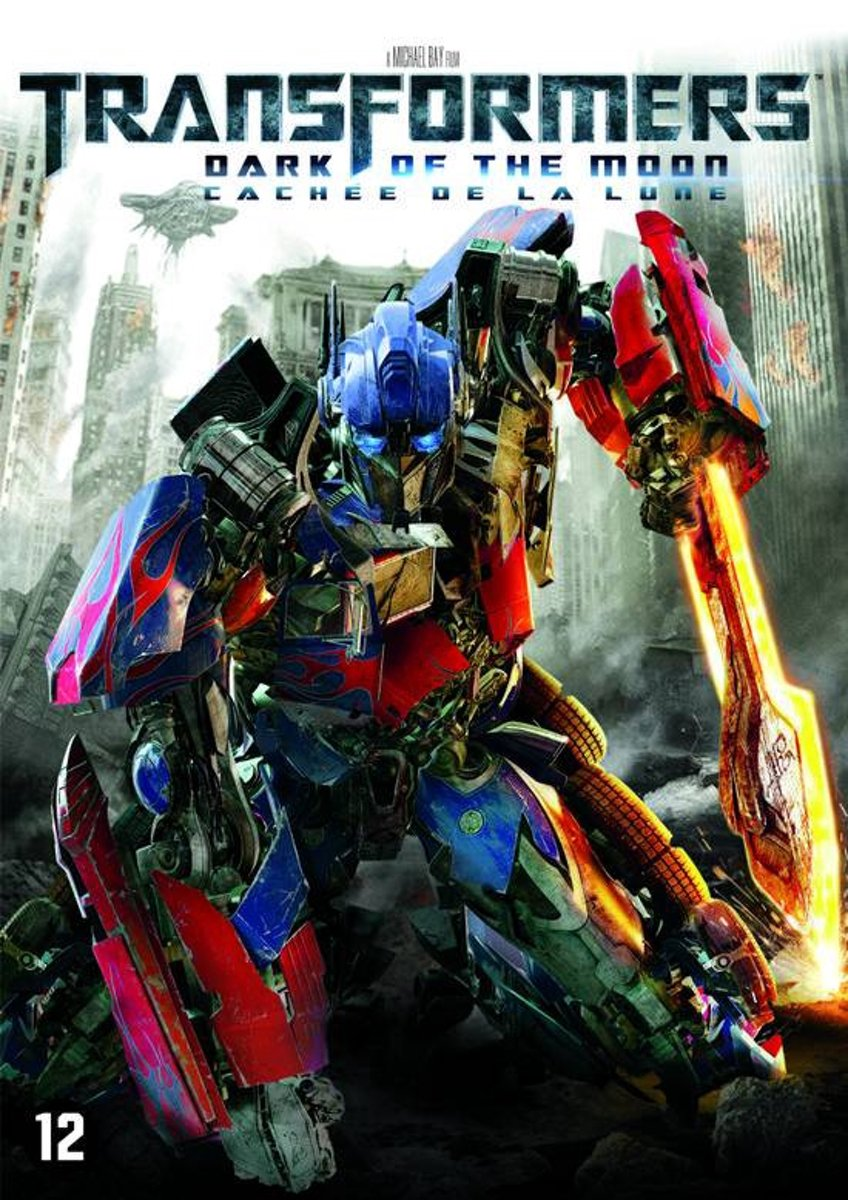 Transformers filmcover. Toont Optimus Prime in actie. De achtergrond toont een stad 's nachts.