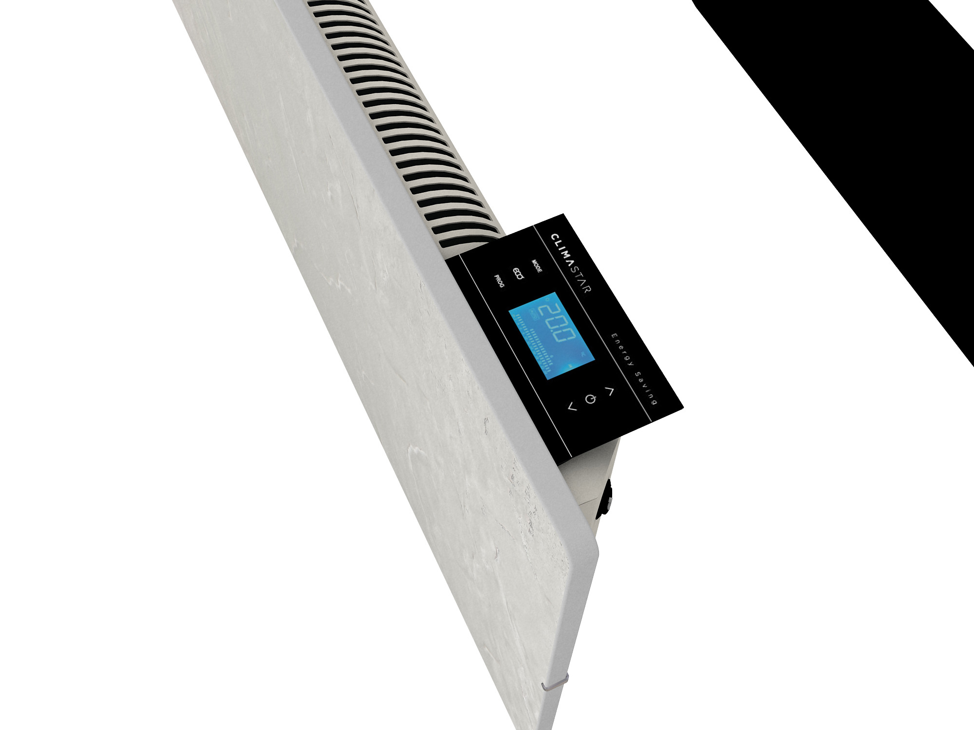Weiß-graue Elektroheizung mit schwarzem Digitaldisplay.