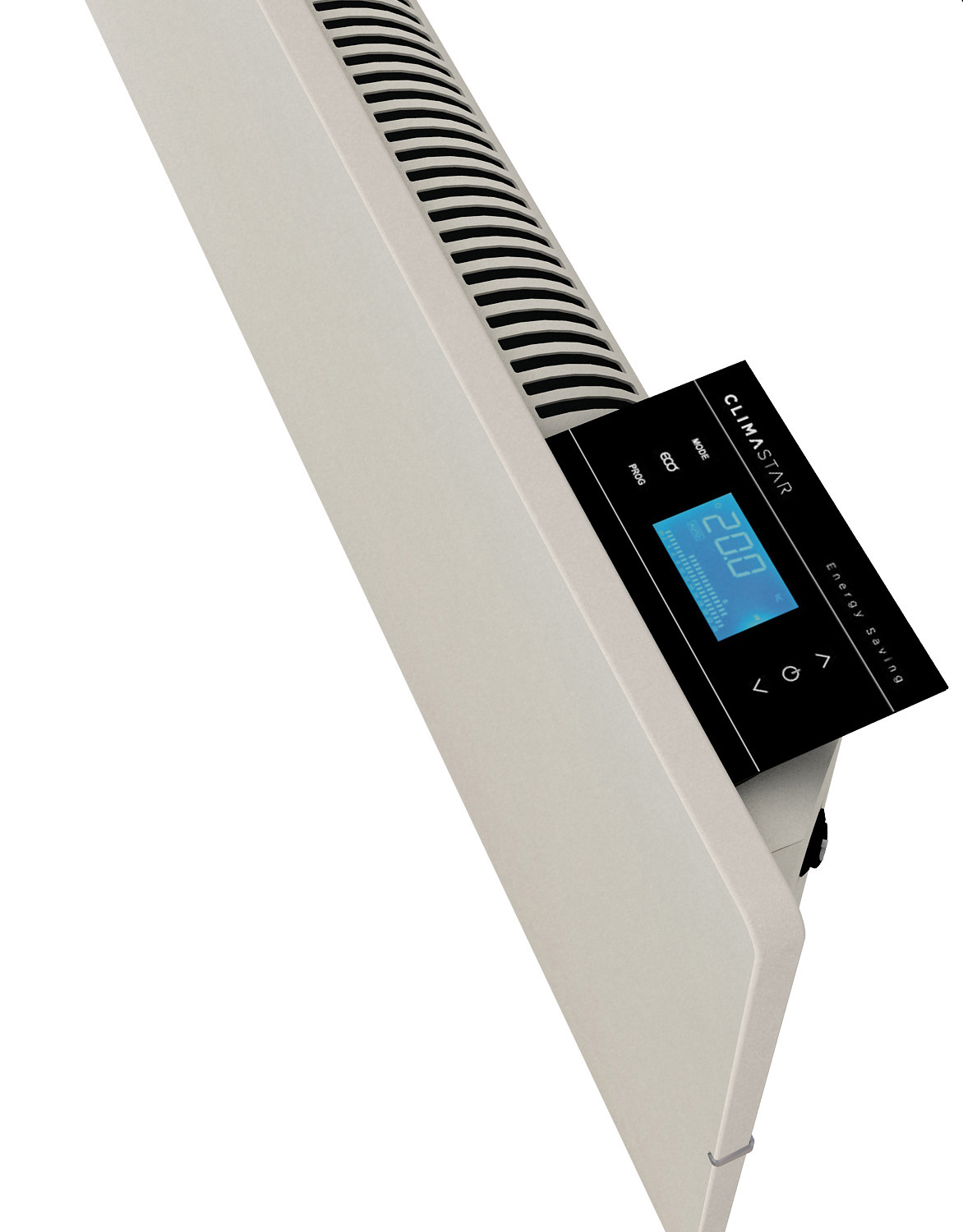 Beige elektrischer Heizkörper mit Digitalanzeige, die 20,0 Grad anzeigt, vor weißem Hintergrund.