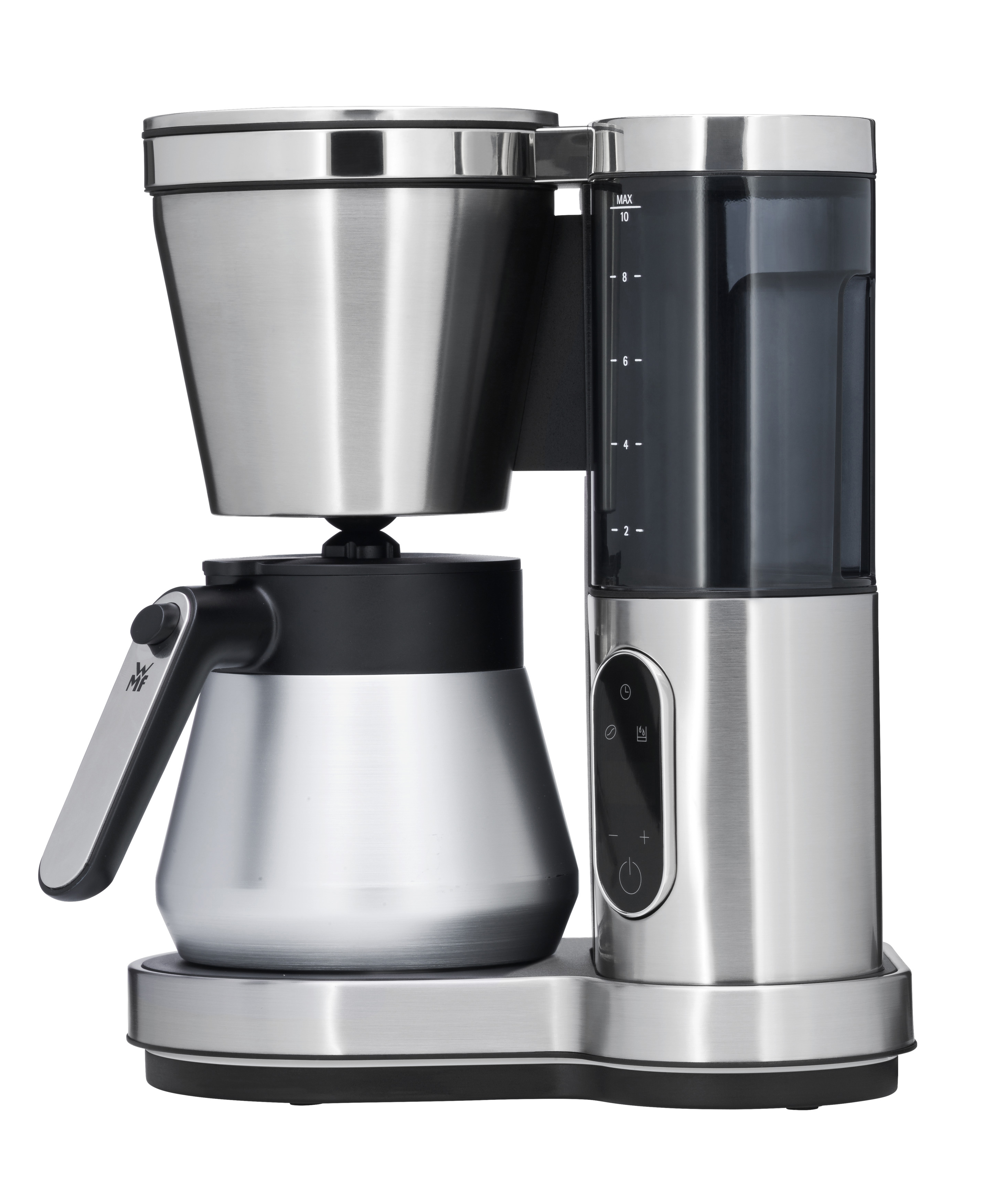Eine silber-schwarze Kaffeemaschine mit Glaskanne und Digitalanzeige an der Seite.