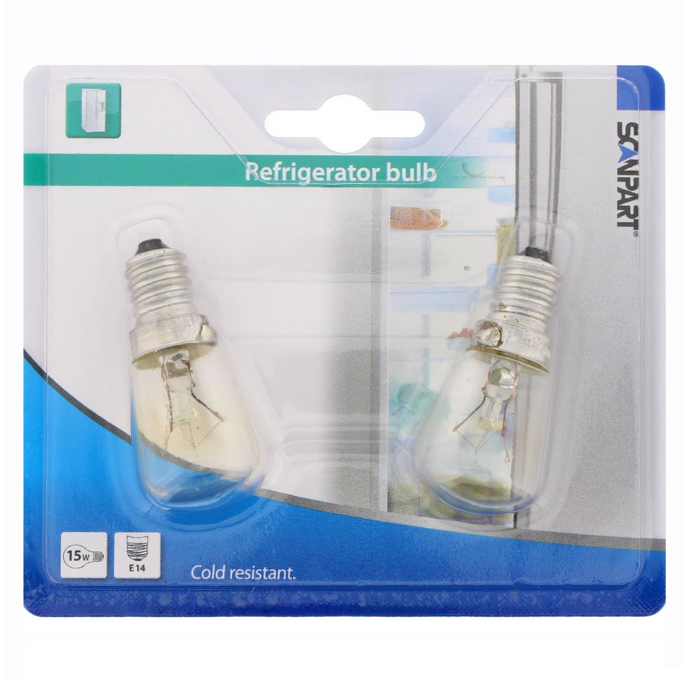 Two refrigerator light bulbs in a package. They are small and have a glass bulb.
