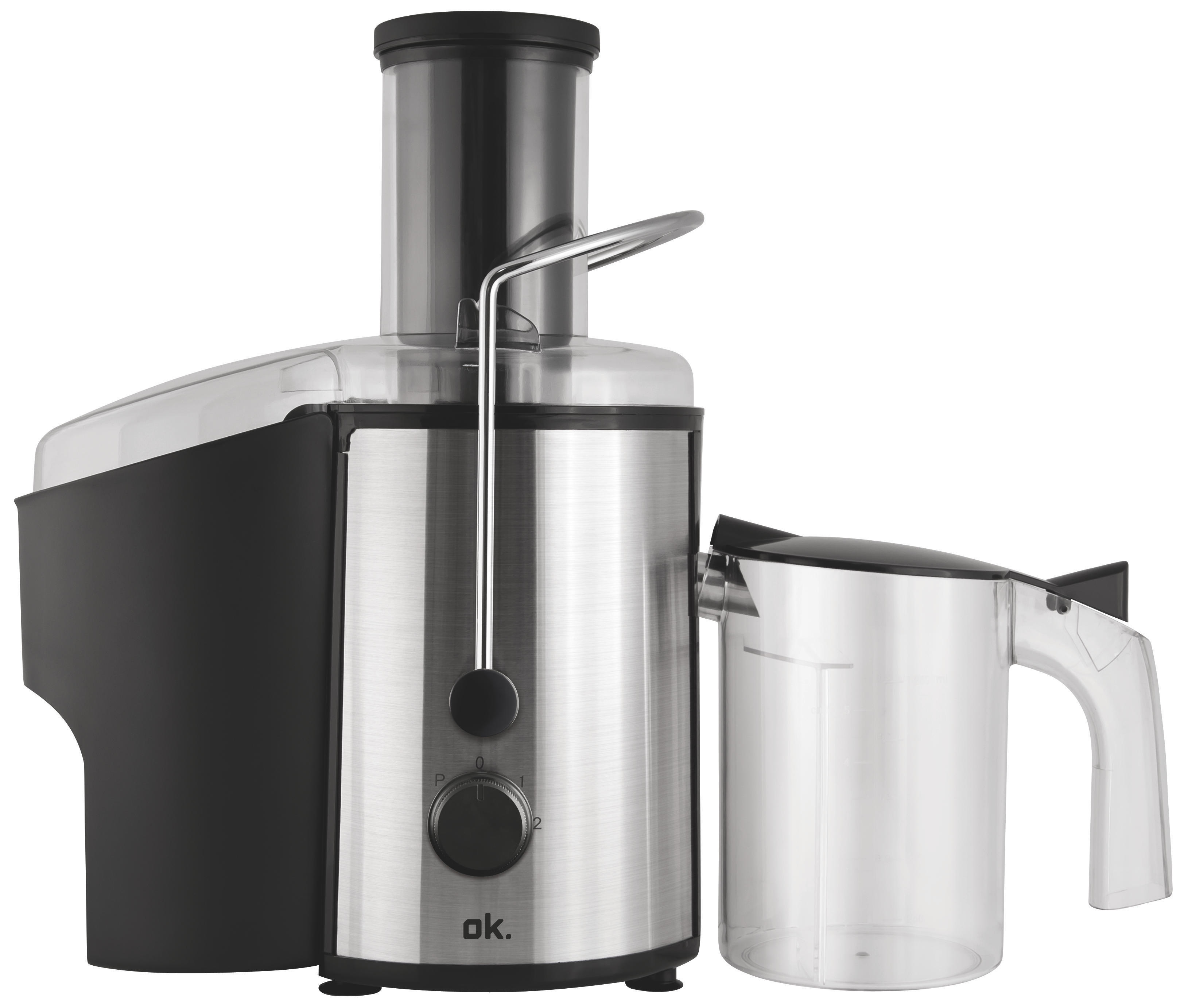 Ein silberner und schwarzer ok. Markenentsafter mit einem durchsichtigen Krug.