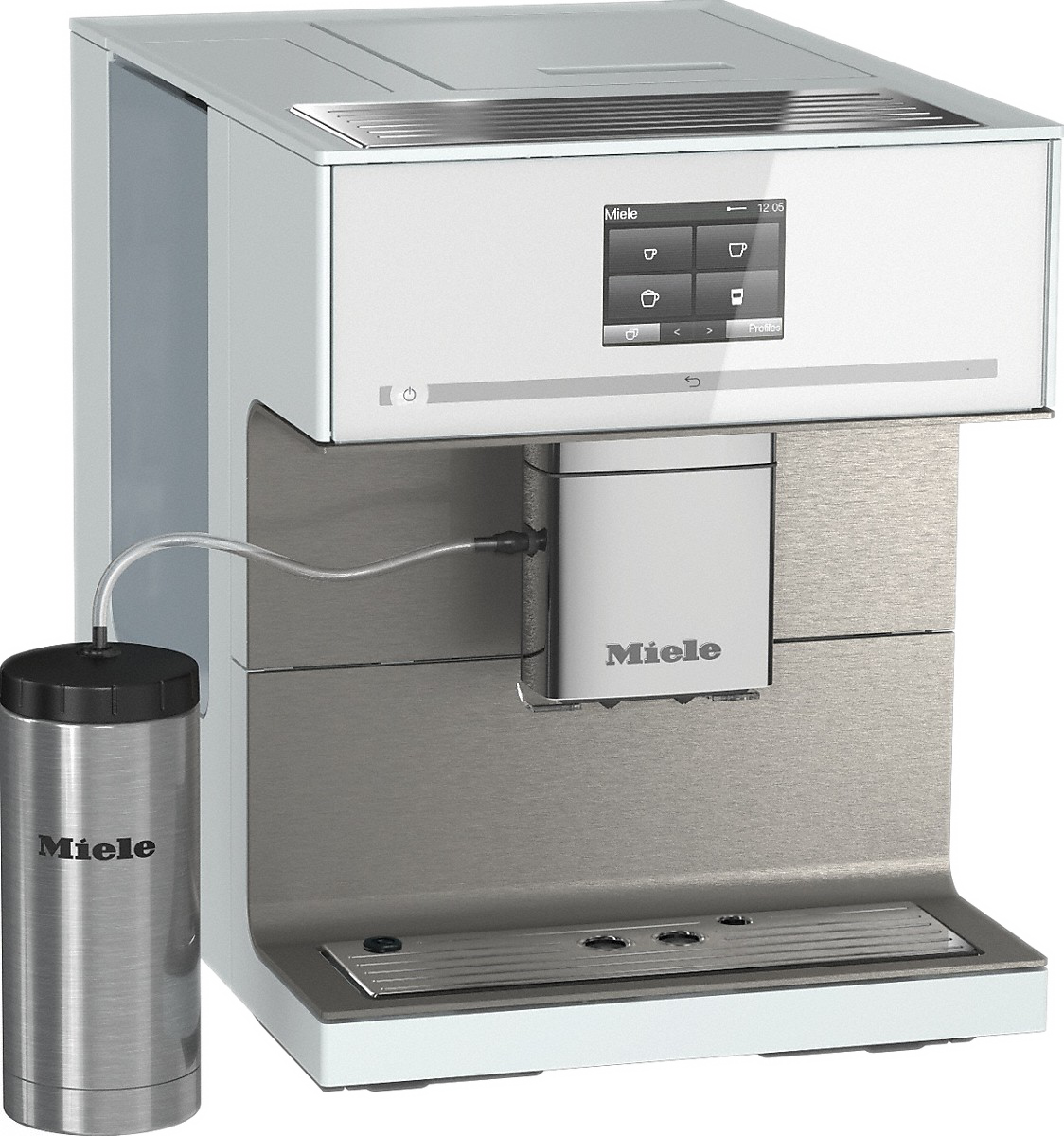 Weiße und silberne Kaffeemaschine mit Wasserbehälter. Digitales Display und Metallausgabe.
