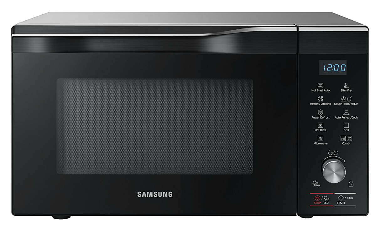 Horno microondas Samsung negro con pantalla digital. Botones para diversas funciones de cocción.